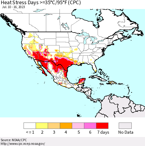 North America Heat Stress Days >=35°C/95°F (CPC) Thematic Map For 7/10/2023 - 7/16/2023
