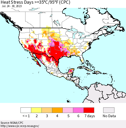 North America Heat Stress Days >=35°C/95°F (CPC) Thematic Map For 7/24/2023 - 7/30/2023