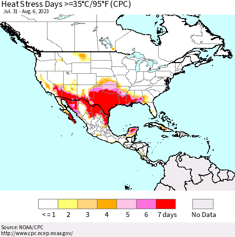 North America Heat Stress Days >=35°C/95°F (CPC) Thematic Map For 7/31/2023 - 8/6/2023