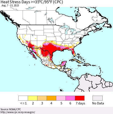 North America Heat Stress Days >=35°C/95°F (CPC) Thematic Map For 8/7/2023 - 8/13/2023