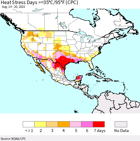 North America Heat Stress Days >=35°C/95°F (CPC) Thematic Map For 8/14/2023 - 8/20/2023