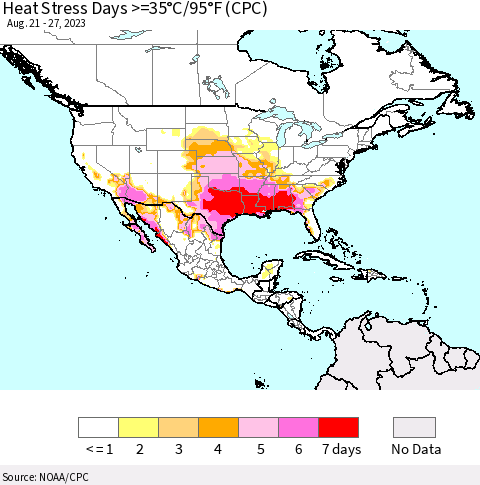North America Heat Stress Days >=35°C/95°F (CPC) Thematic Map For 8/21/2023 - 8/27/2023