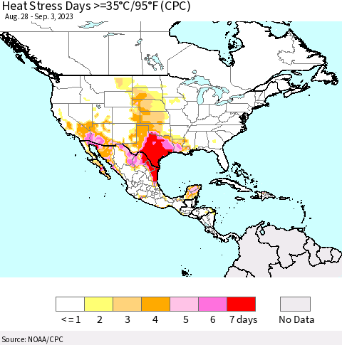 North America Heat Stress Days >=35°C/95°F (CPC) Thematic Map For 8/28/2023 - 9/3/2023