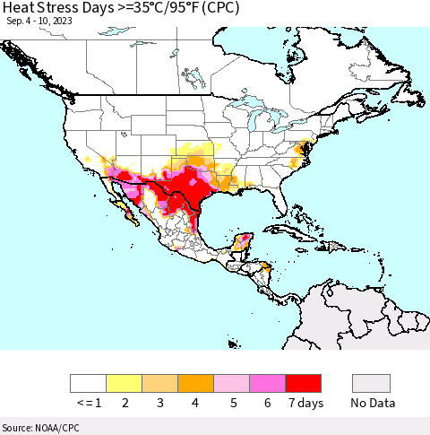 North America Heat Stress Days >=35°C/95°F (CPC) Thematic Map For 9/4/2023 - 9/10/2023