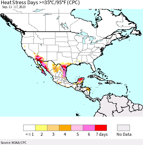 North America Heat Stress Days >=35°C/95°F (CPC) Thematic Map For 9/11/2023 - 9/17/2023