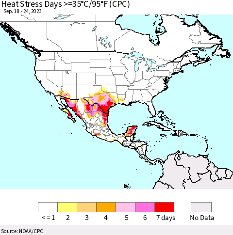 North America Heat Stress Days >=35°C/95°F (CPC) Thematic Map For 9/18/2023 - 9/24/2023