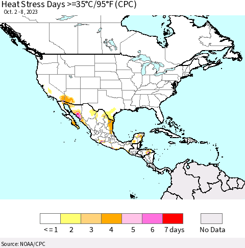North America Heat Stress Days >=35°C/95°F (CPC) Thematic Map For 10/2/2023 - 10/8/2023