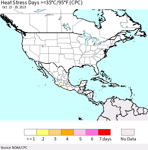 North America Heat Stress Days >=35°C/95°F (CPC) Thematic Map For 10/23/2023 - 10/29/2023