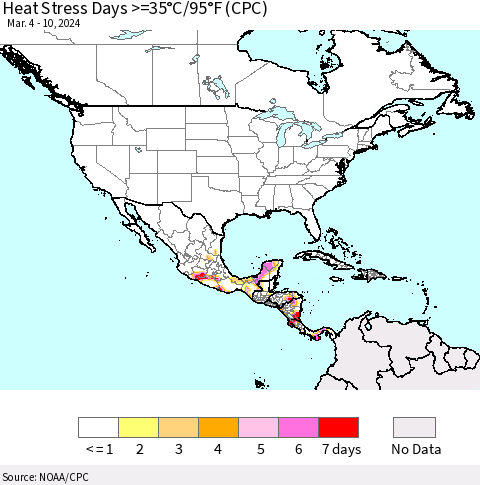 North America Heat Stress Days >=35°C/95°F (CPC) Thematic Map For 3/4/2024 - 3/10/2024