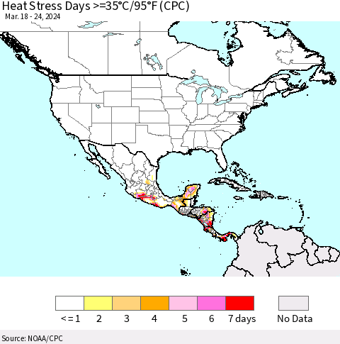 North America Heat Stress Days >=35°C/95°F (CPC) Thematic Map For 3/18/2024 - 3/24/2024