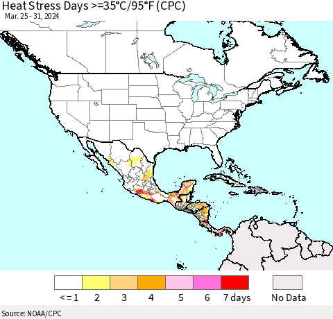 North America Heat Stress Days >=35°C/95°F (CPC) Thematic Map For 3/25/2024 - 3/31/2024