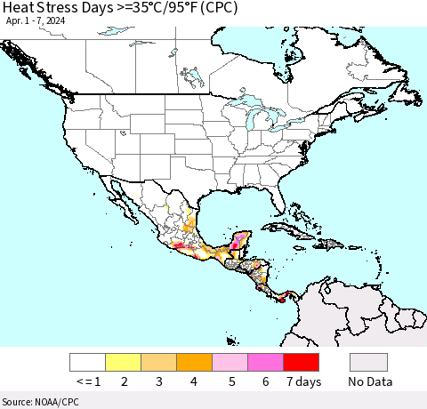 North America Heat Stress Days >=35°C/95°F (CPC) Thematic Map For 4/1/2024 - 4/7/2024