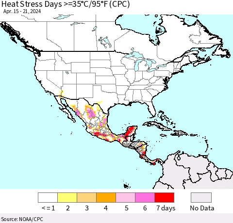 North America Heat Stress Days >=35°C/95°F (CPC) Thematic Map For 4/15/2024 - 4/21/2024