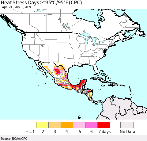 North America Heat Stress Days >=35°C/95°F (CPC) Thematic Map For 4/29/2024 - 5/5/2024