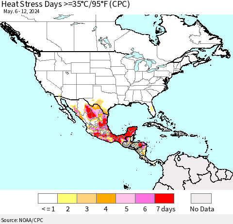 North America Heat Stress Days >=35°C/95°F (CPC) Thematic Map For 5/6/2024 - 5/12/2024