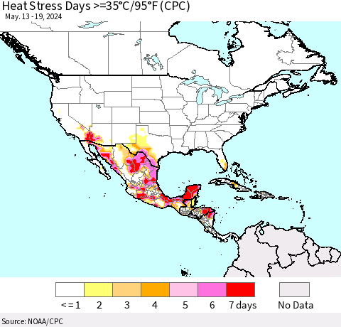 North America Heat Stress Days >=35°C/95°F (CPC) Thematic Map For 5/13/2024 - 5/19/2024