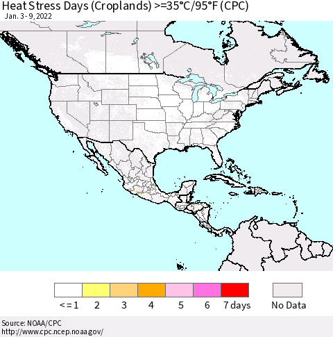 North America Heat Stress Days (Croplands) >=35°C/95°F (CPC) Thematic Map For 1/3/2022 - 1/9/2022