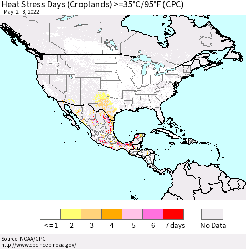 North America Heat Stress Days (Croplands) >=35°C/95°F (CPC) Thematic Map For 5/2/2022 - 5/8/2022