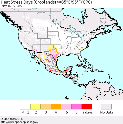 North America Heat Stress Days (Croplands) >=35°C/95°F (CPC) Thematic Map For 5/16/2022 - 5/22/2022