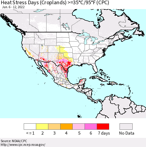 North America Heat Stress Days (Croplands) >=35°C/95°F (CPC) Thematic Map For 6/6/2022 - 6/12/2022