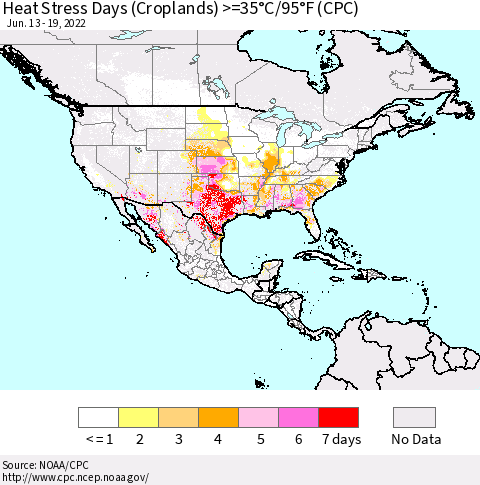 North America Heat Stress Days (Croplands) >=35°C/95°F (CPC) Thematic Map For 6/13/2022 - 6/19/2022