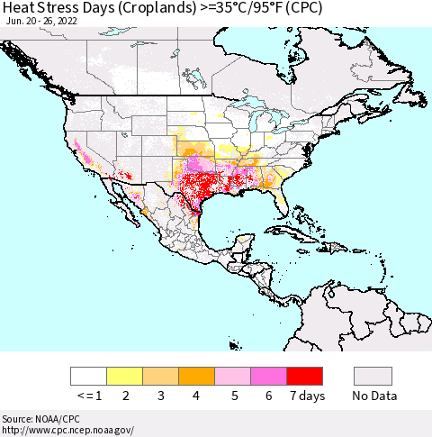 North America Heat Stress Days (Croplands) >=35°C/95°F (CPC) Thematic Map For 6/20/2022 - 6/26/2022