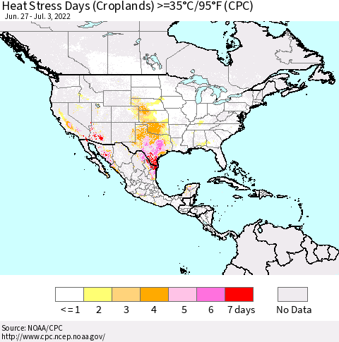 North America Heat Stress Days (Croplands) >=35°C/95°F (CPC) Thematic Map For 6/27/2022 - 7/3/2022