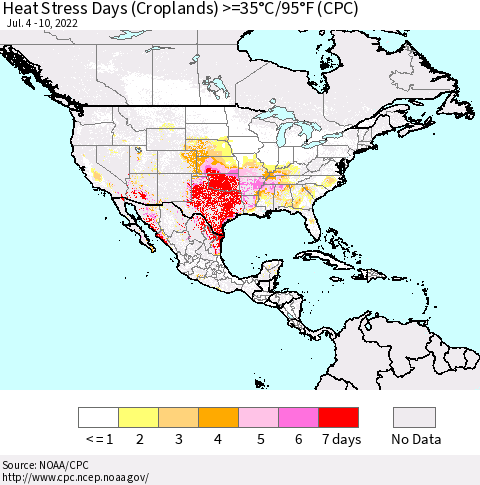 North America Heat Stress Days (Croplands) >=35°C/95°F (CPC) Thematic Map For 7/4/2022 - 7/10/2022
