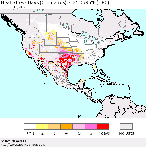 North America Heat Stress Days (Croplands) >=35°C/95°F (CPC) Thematic Map For 7/11/2022 - 7/17/2022