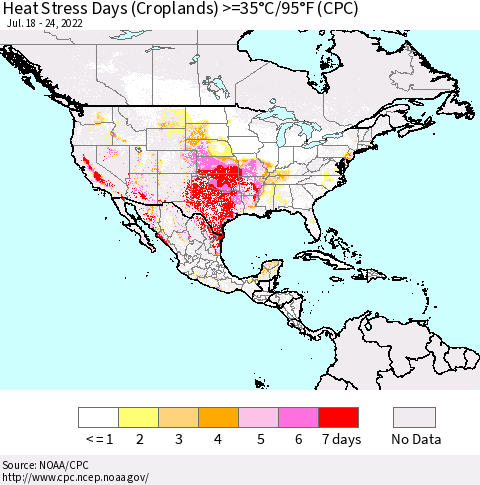 North America Heat Stress Days (Croplands) >=35°C/95°F (CPC) Thematic Map For 7/18/2022 - 7/24/2022