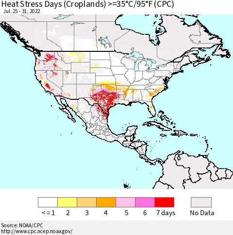 North America Heat Stress Days (Croplands) >=35°C/95°F (CPC) Thematic Map For 7/25/2022 - 7/31/2022