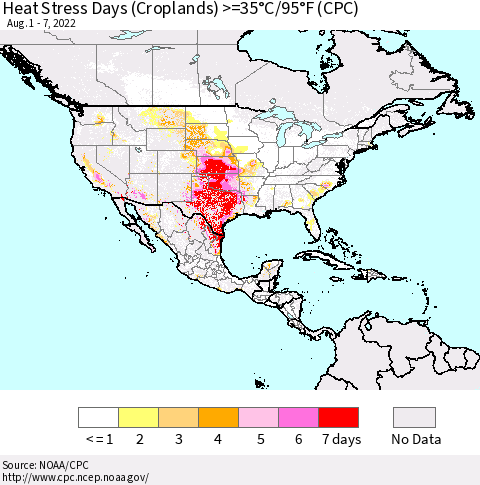 North America Heat Stress Days (Croplands) >=35°C/95°F (CPC) Thematic Map For 8/1/2022 - 8/7/2022