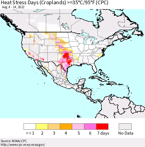 North America Heat Stress Days (Croplands) >=35°C/95°F (CPC) Thematic Map For 8/8/2022 - 8/14/2022