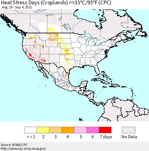 North America Heat Stress Days (Croplands) >=35°C/95°F (CPC) Thematic Map For 8/29/2022 - 9/4/2022