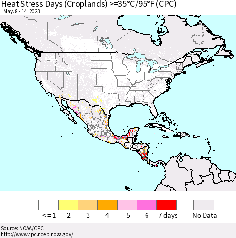 North America Heat Stress Days (Croplands) >=35°C/95°F (CPC) Thematic Map For 5/8/2023 - 5/14/2023