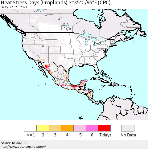 North America Heat Stress Days (Croplands) >=35°C/95°F (CPC) Thematic Map For 5/22/2023 - 5/28/2023