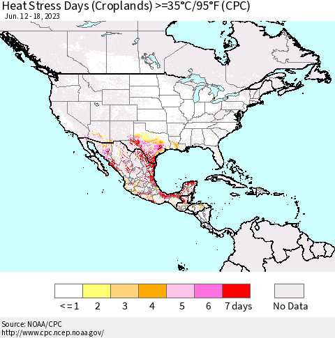 North America Heat Stress Days (Croplands) >=35°C/95°F (CPC) Thematic Map For 6/12/2023 - 6/18/2023