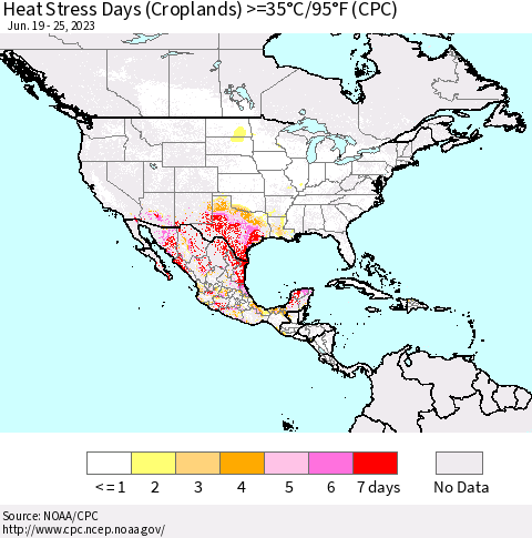 North America Heat Stress Days (Croplands) >=35°C/95°F (CPC) Thematic Map For 6/19/2023 - 6/25/2023