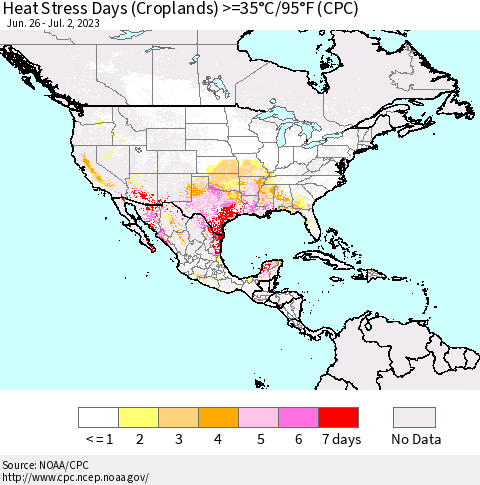 North America Heat Stress Days (Croplands) >=35°C/95°F (CPC) Thematic Map For 6/26/2023 - 7/2/2023