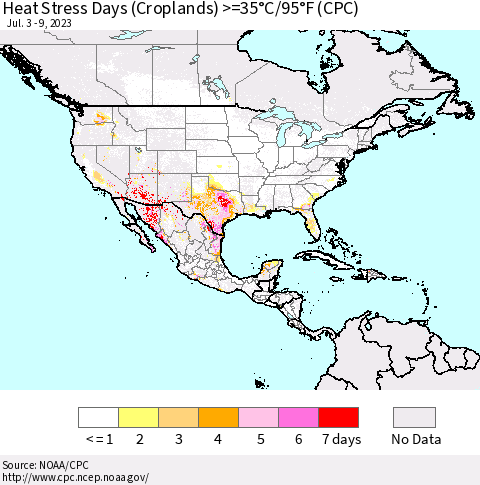 North America Heat Stress Days (Croplands) >=35°C/95°F (CPC) Thematic Map For 7/3/2023 - 7/9/2023