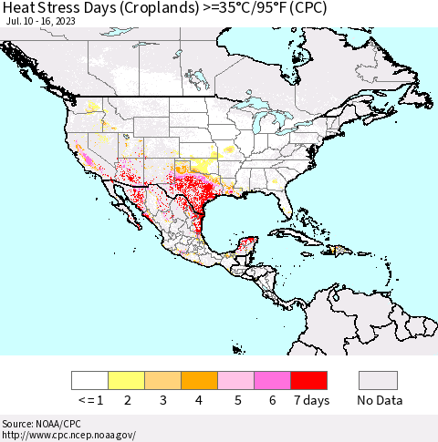 North America Heat Stress Days (Croplands) >=35°C/95°F (CPC) Thematic Map For 7/10/2023 - 7/16/2023