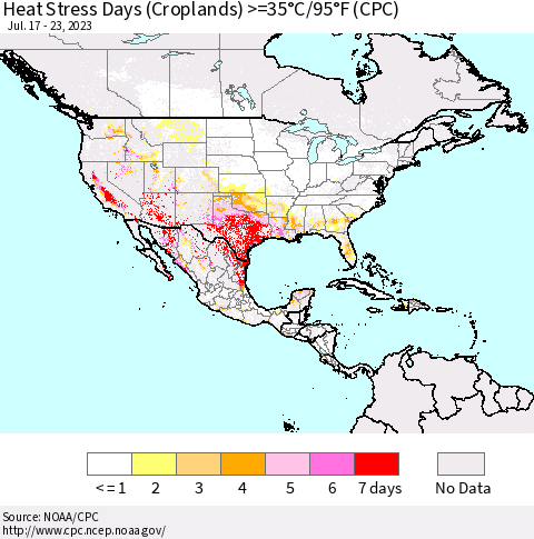 North America Heat Stress Days (Croplands) >=35°C/95°F (CPC) Thematic Map For 7/17/2023 - 7/23/2023