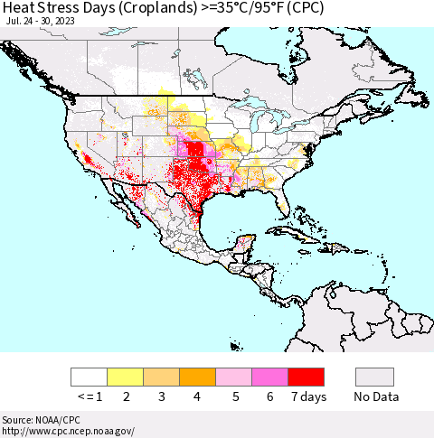 North America Heat Stress Days (Croplands) >=35°C/95°F (CPC) Thematic Map For 7/24/2023 - 7/30/2023