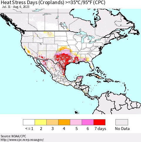 North America Heat Stress Days (Croplands) >=35°C/95°F (CPC) Thematic Map For 7/31/2023 - 8/6/2023