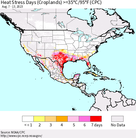 North America Heat Stress Days (Croplands) >=35°C/95°F (CPC) Thematic Map For 8/7/2023 - 8/13/2023