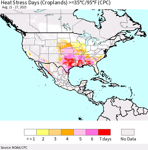North America Heat Stress Days (Croplands) >=35°C/95°F (CPC) Thematic Map For 8/21/2023 - 8/27/2023