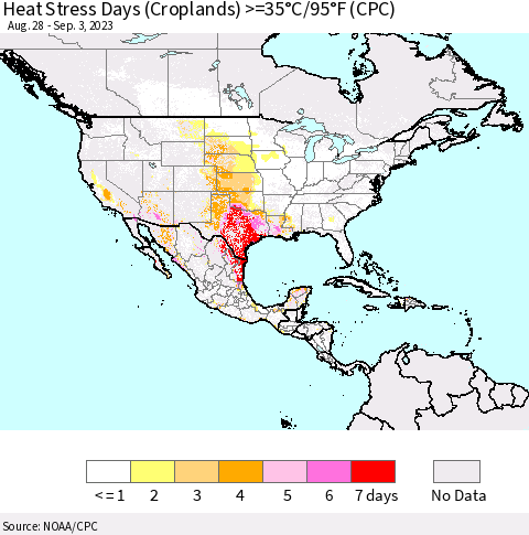 North America Heat Stress Days (Croplands) >=35°C/95°F (CPC) Thematic Map For 8/28/2023 - 9/3/2023