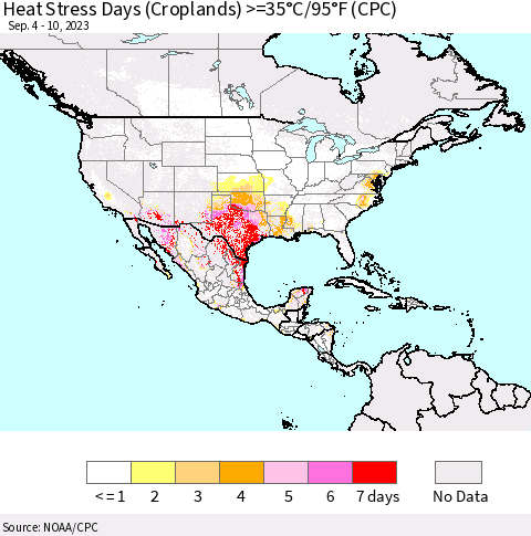 North America Heat Stress Days (Croplands) >=35°C/95°F (CPC) Thematic Map For 9/4/2023 - 9/10/2023