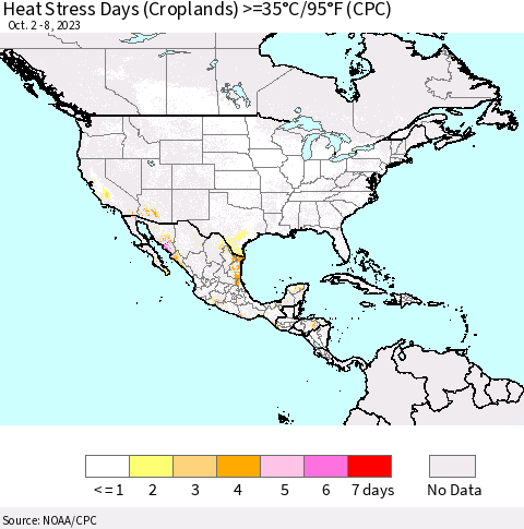 North America Heat Stress Days (Croplands) >=35°C/95°F (CPC) Thematic Map For 10/2/2023 - 10/8/2023
