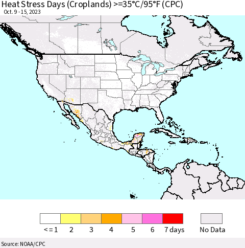 North America Heat Stress Days (Croplands) >=35°C/95°F (CPC) Thematic Map For 10/9/2023 - 10/15/2023